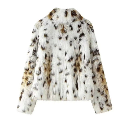 Snowy Leopard Print Faux Fur Coat