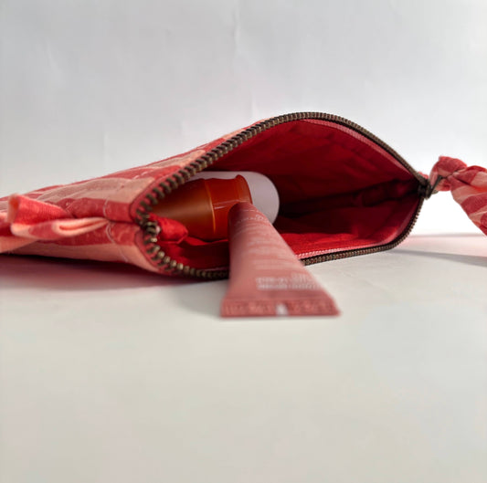 Handmade Pink And Red Striped Quilted Ruffle Pouch