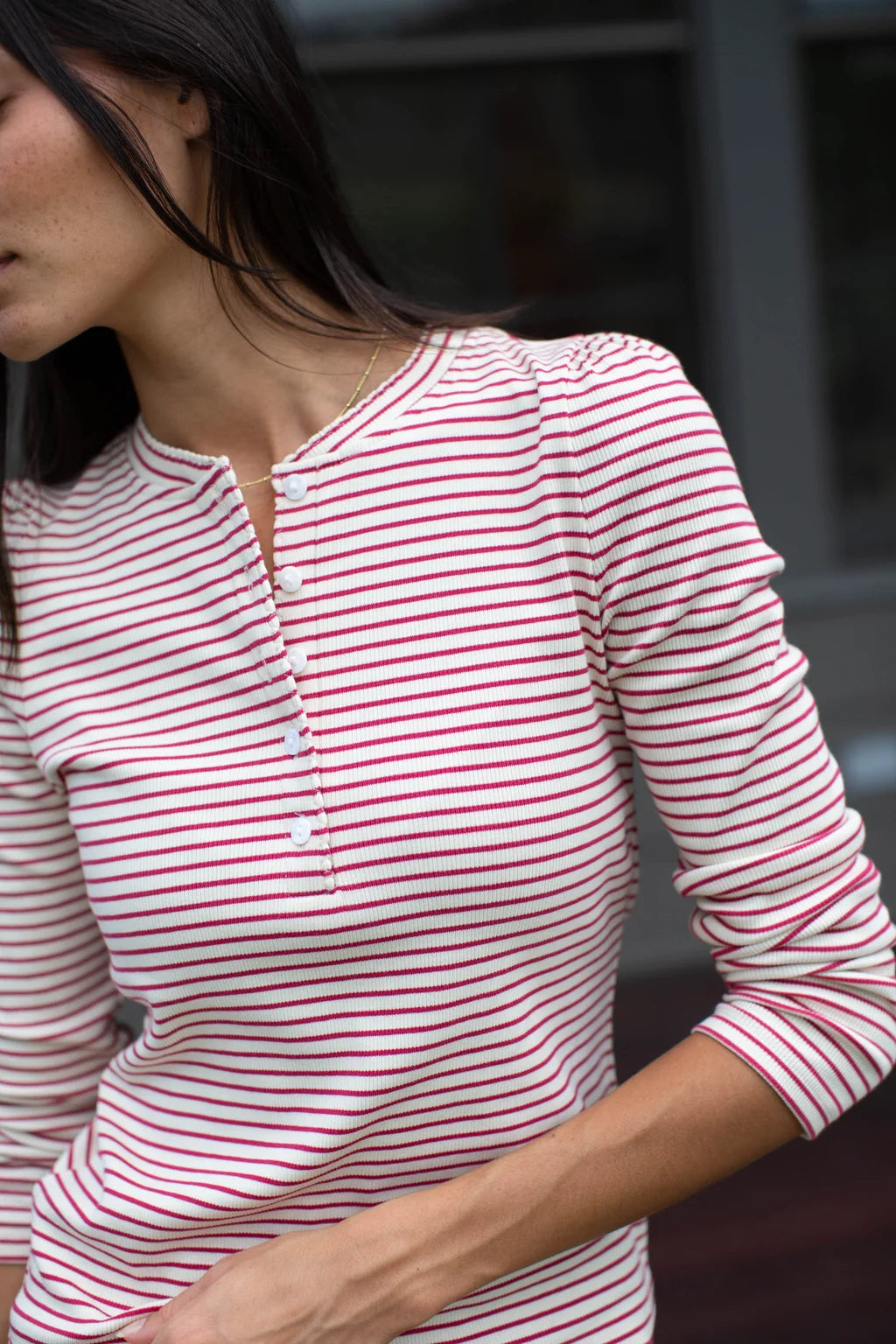 Puff Sleeve Cotton Henley In Ivory/Burgundy Stripe