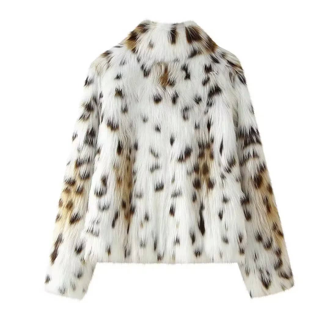 Snowy Leopard Print Faux Fur Coat