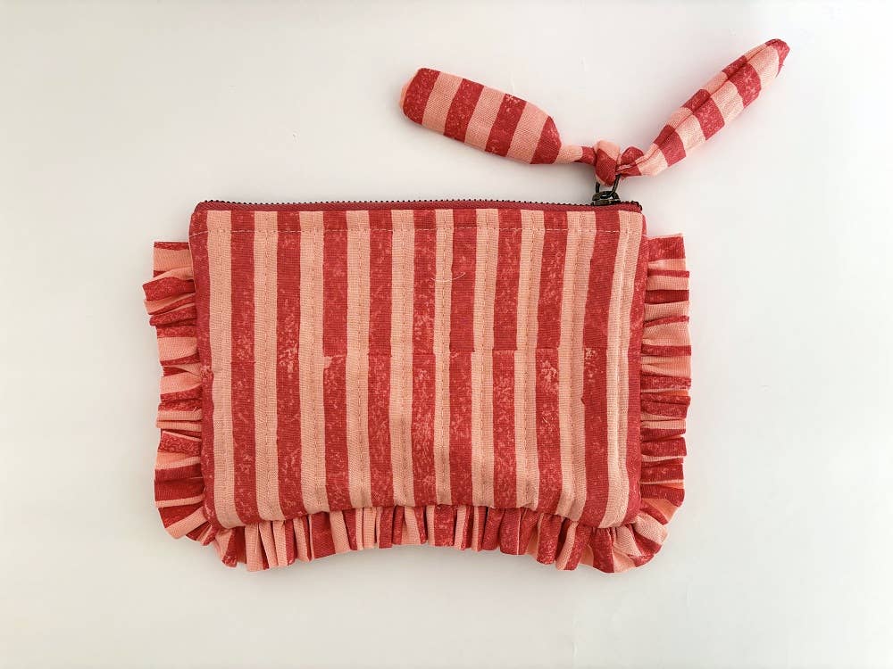 Handmade Pink And Red Striped Quilted Ruffle Pouch