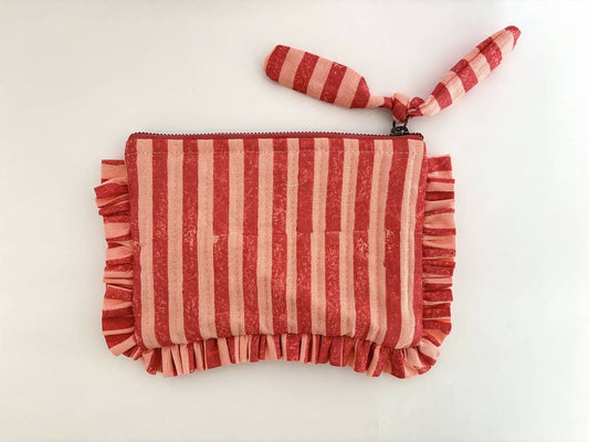 Handmade Pink And Red Striped Quilted Ruffle Pouch