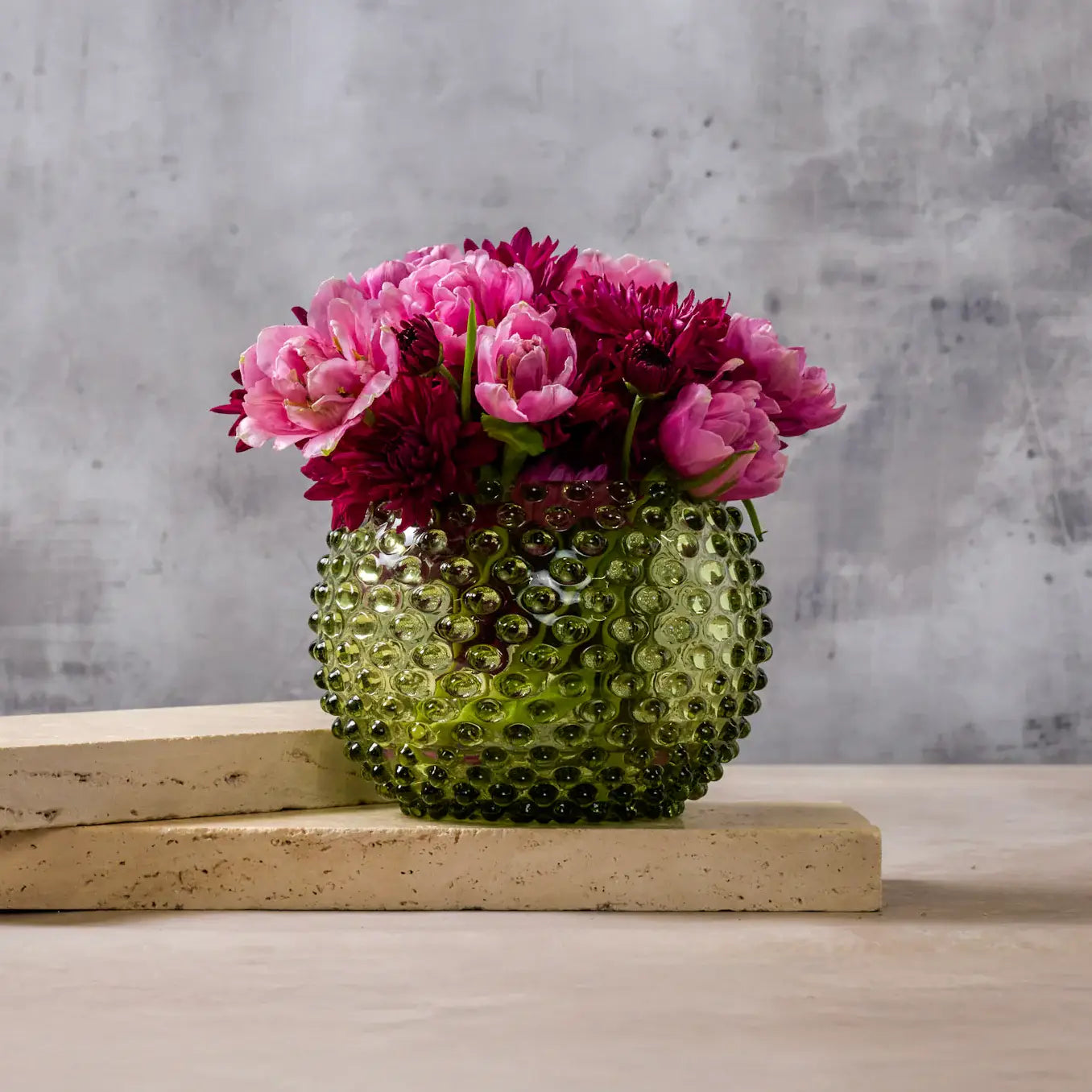 Large Handblown Hobnail Vase - Moss Green