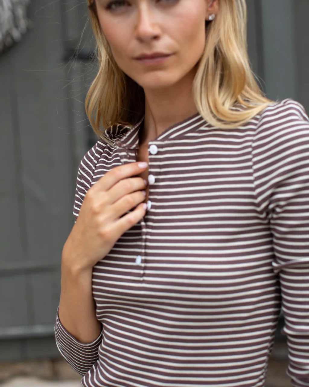 Puff Sleeve Cotton Henley In Chocolate/Ivory Stripe