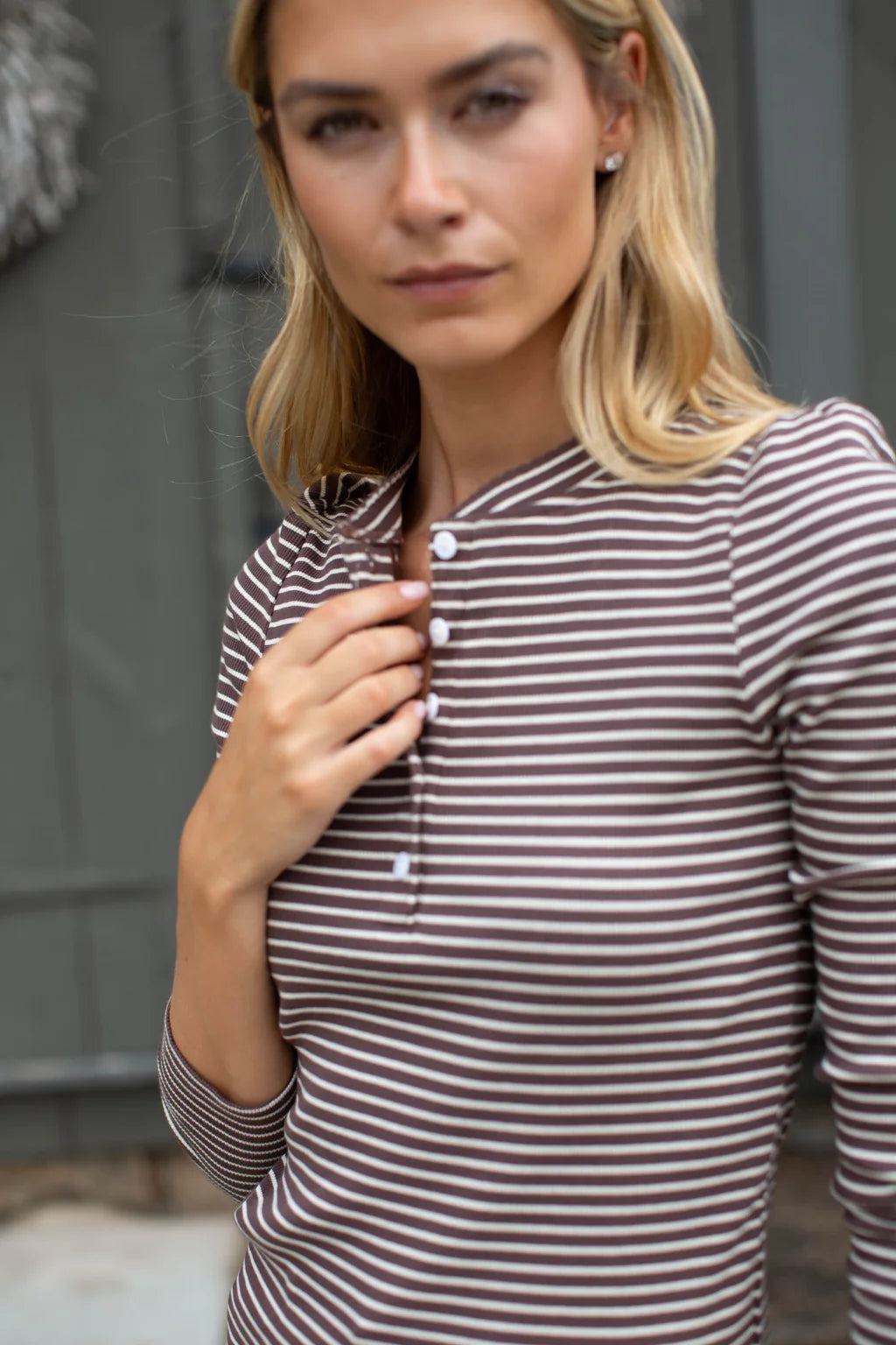 Puff Sleeve Cotton Henley In Chocolate/Ivory Stripe