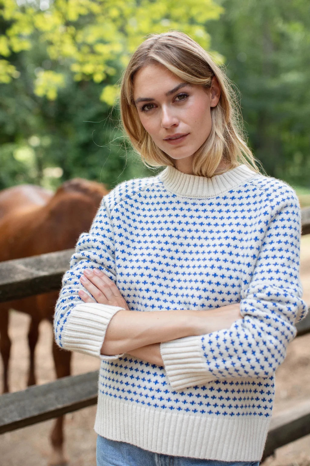 The Lodge Sweater In Ivory/Blue Birdseye