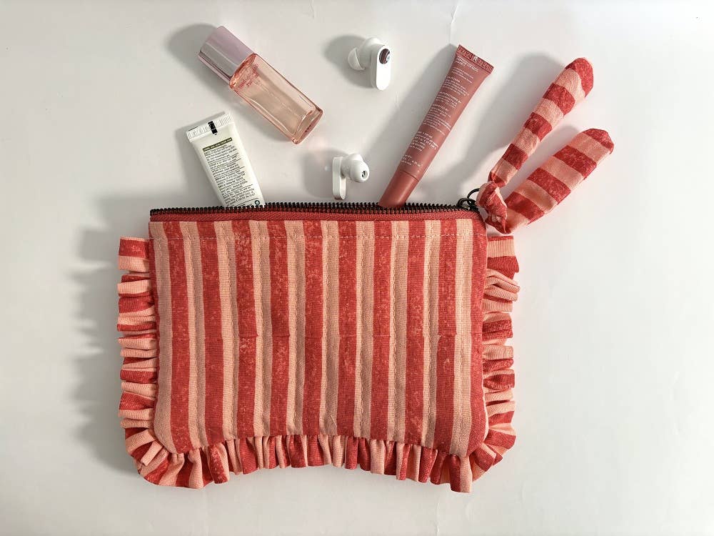 Handmade Pink And Red Striped Quilted Ruffle Pouch