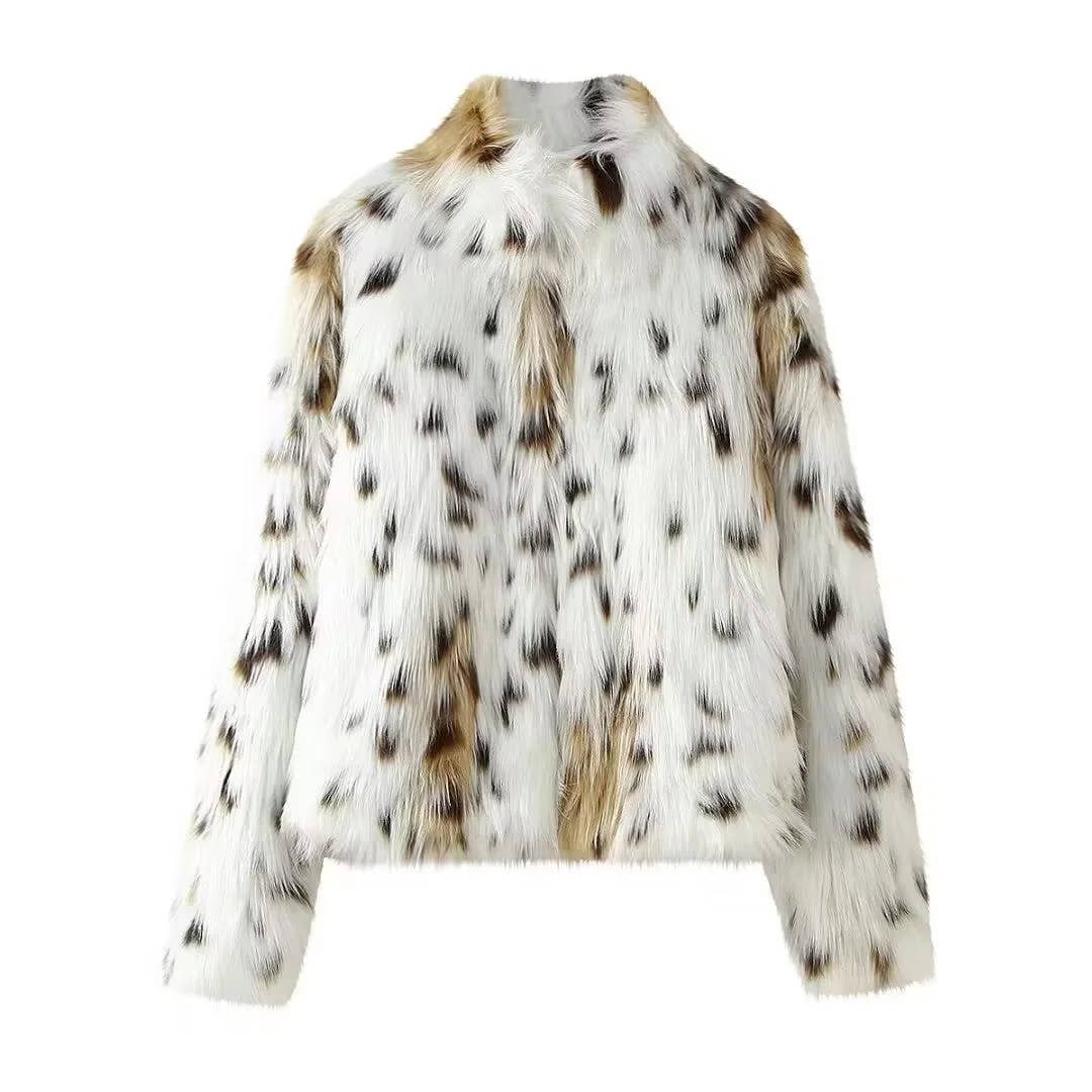 Snowy Leopard Print Faux Fur Coat