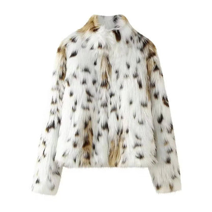 Snowy Leopard Print Faux Fur Coat