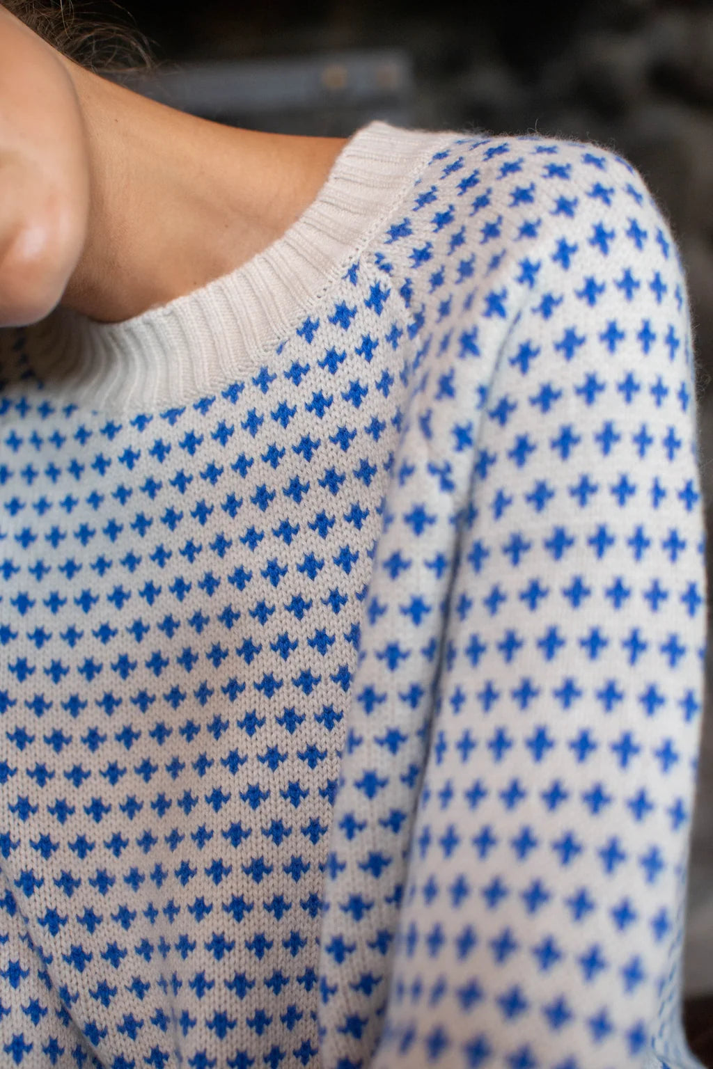 The Lodge Sweater In Ivory/Blue Birdseye