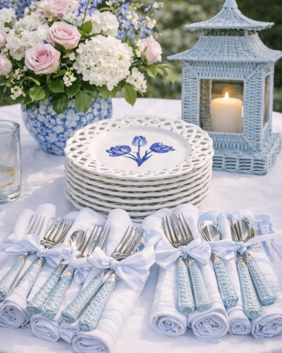 LIGHT BLUE BASKETWEAVE FLATWARE SET