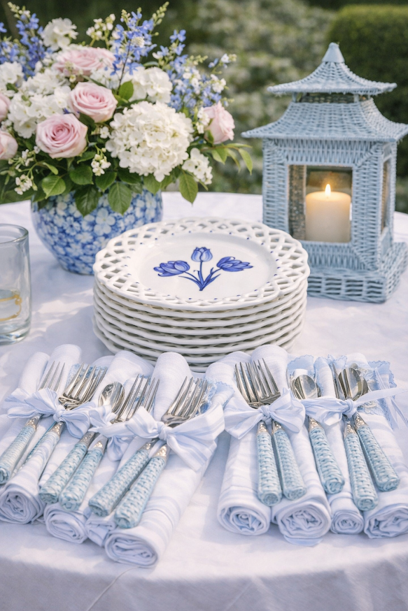 LIGHT BLUE BASKETWEAVE FLATWARE SET