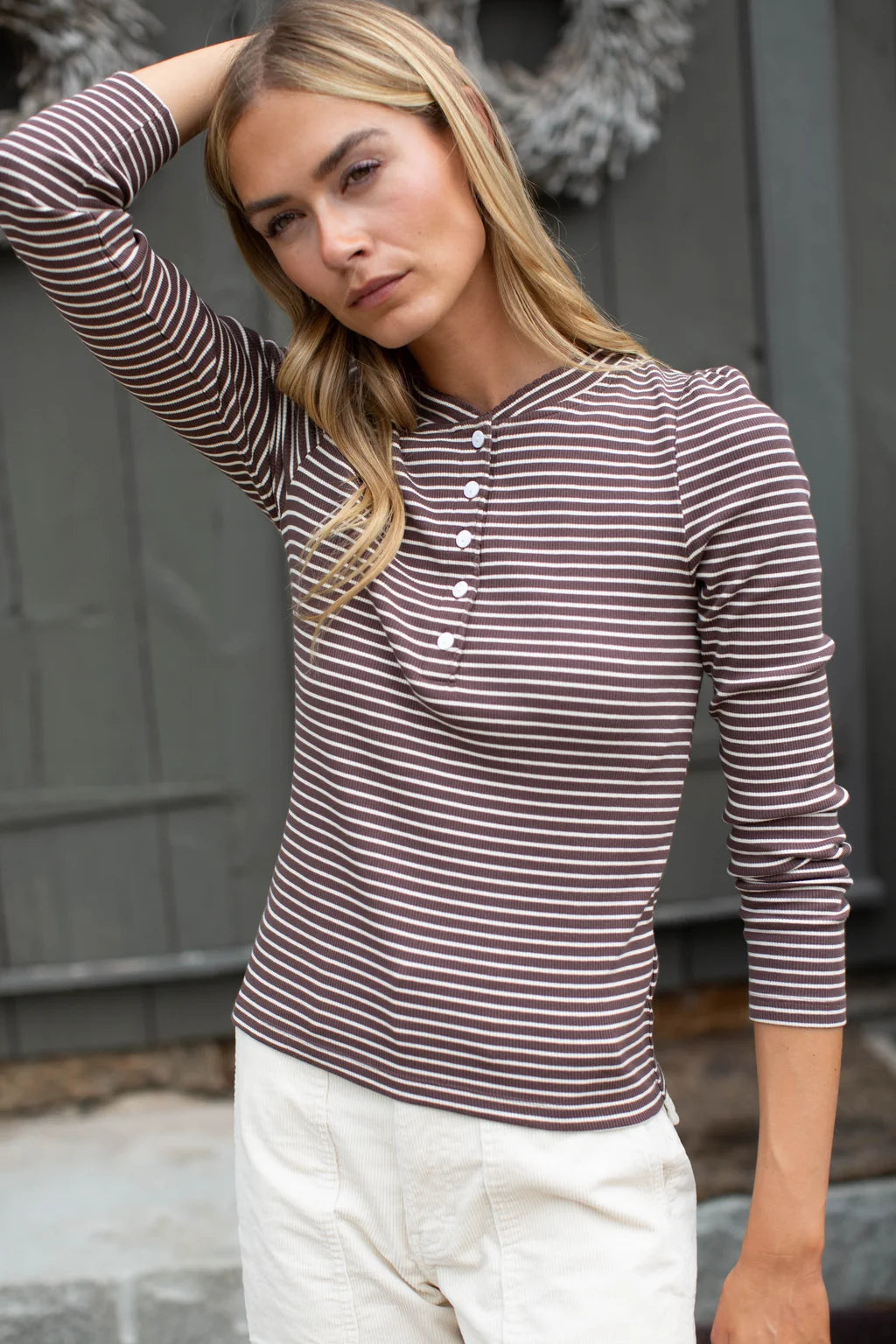 Puff Sleeve Cotton Henley In Chocolate/Ivory Stripe