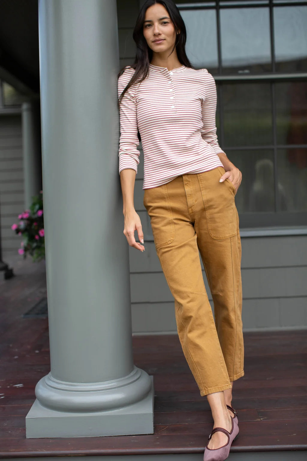 Puff Sleeve Cotton Henley In Ivory/Burgundy Stripe