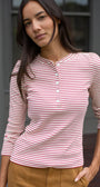 Puff Sleeve Cotton Henley In Ivory/Burgundy Stripe