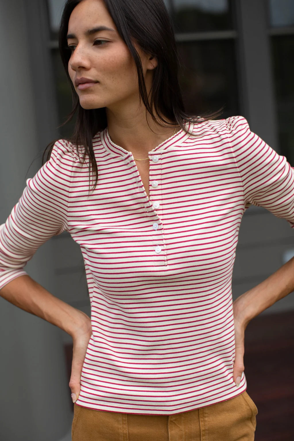 Puff Sleeve Cotton Henley In Ivory/Burgundy Stripe
