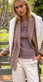 Puff Sleeve Cotton Henley In Chocolate/Ivory Stripe