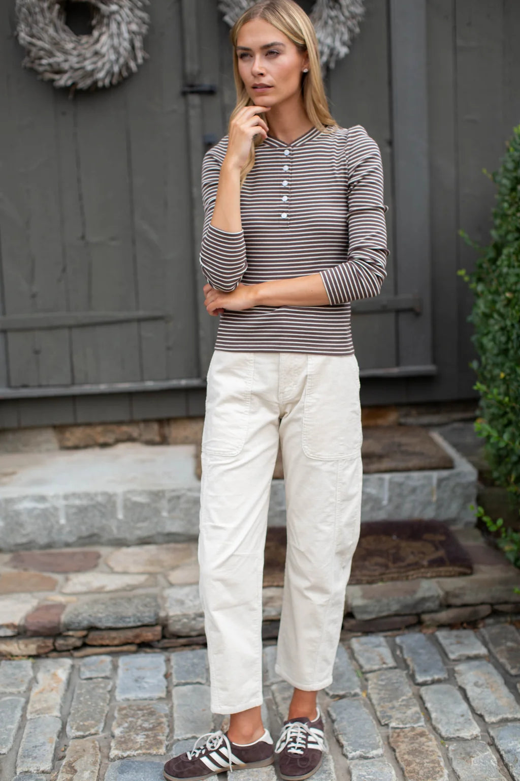 Puff Sleeve Cotton Henley In Chocolate/Ivory Stripe
