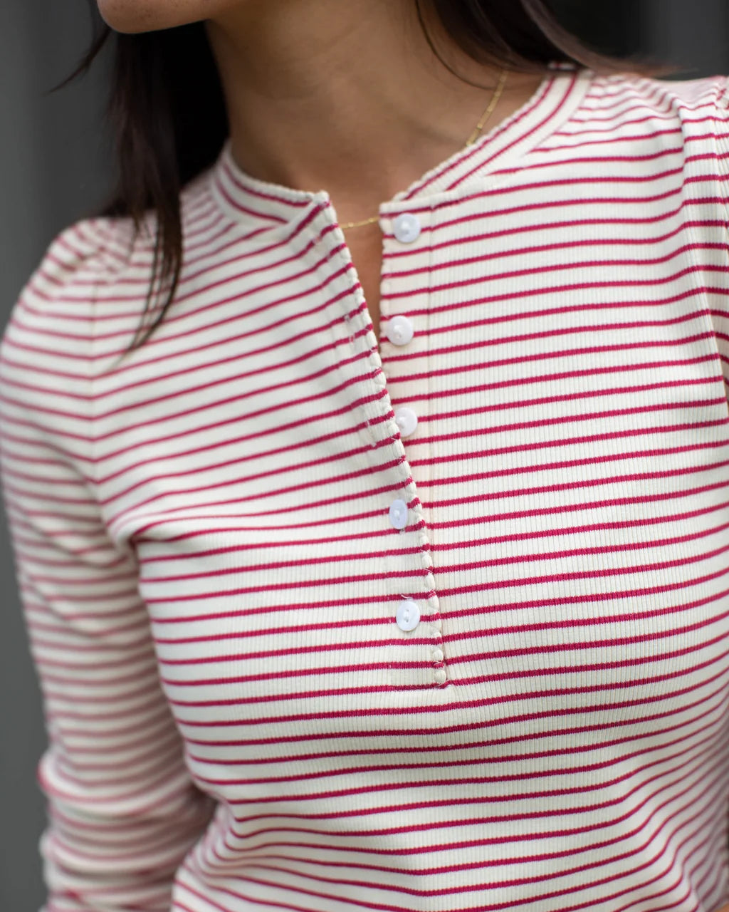 Puff Sleeve Cotton Henley In Ivory/Burgundy Stripe