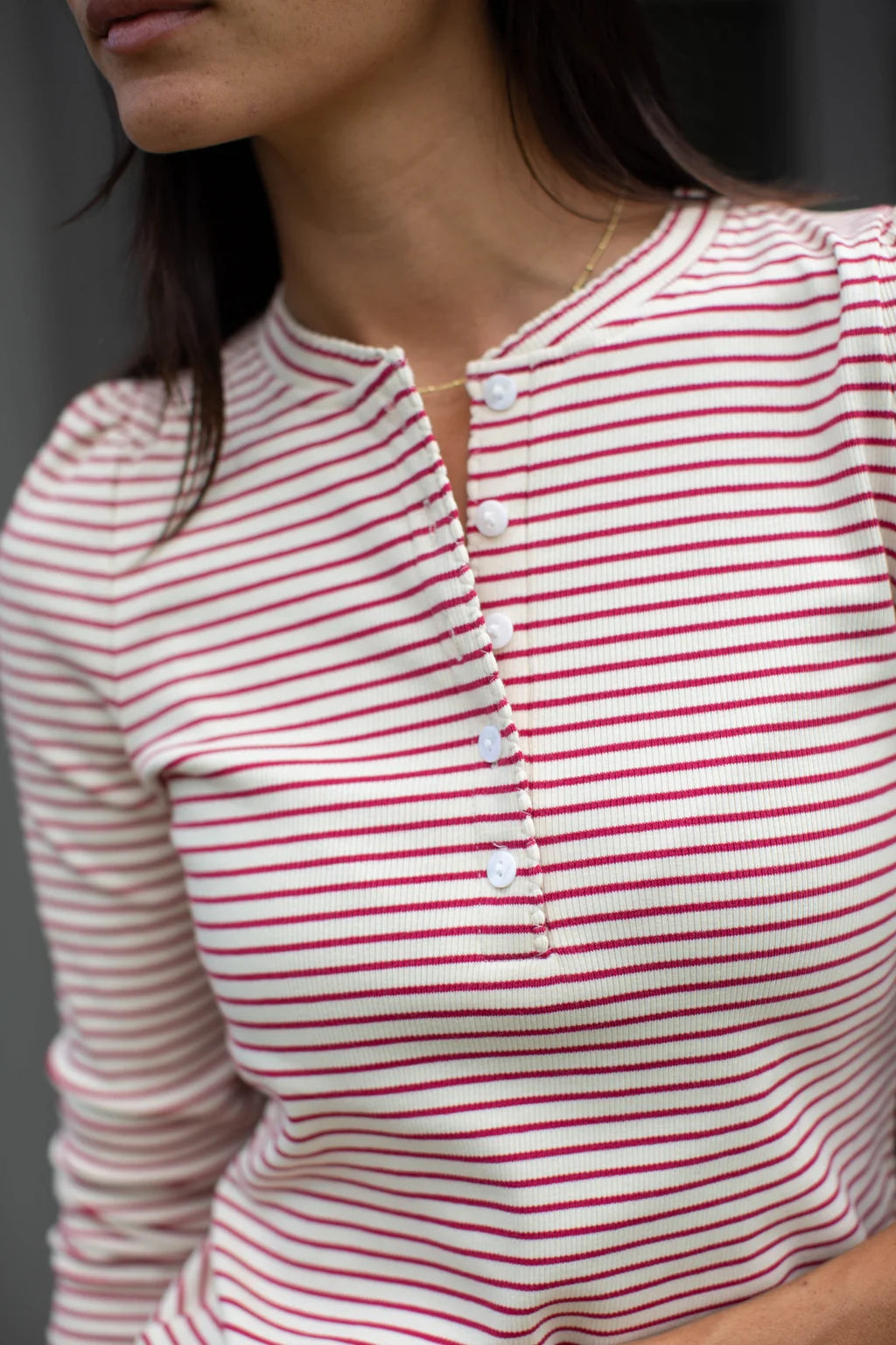 Puff Sleeve Cotton Henley In Ivory/Burgundy Stripe