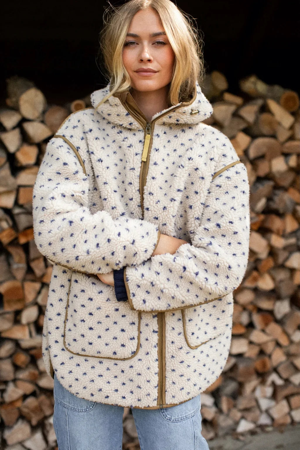 Hooded Sherpa Jacket In Ivory/Blue Birdseye