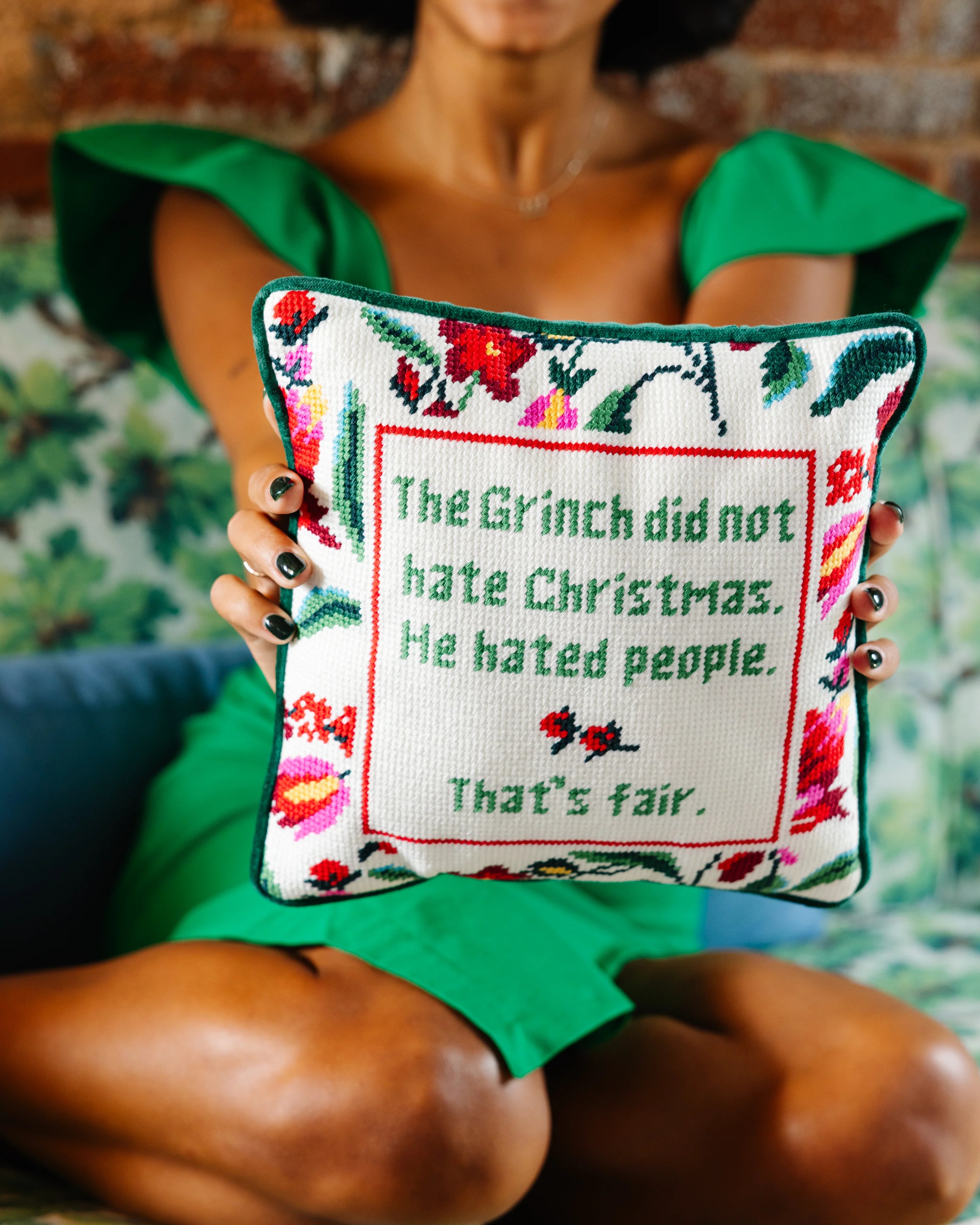 The Grinch Holiday Needlepoint Pillow
