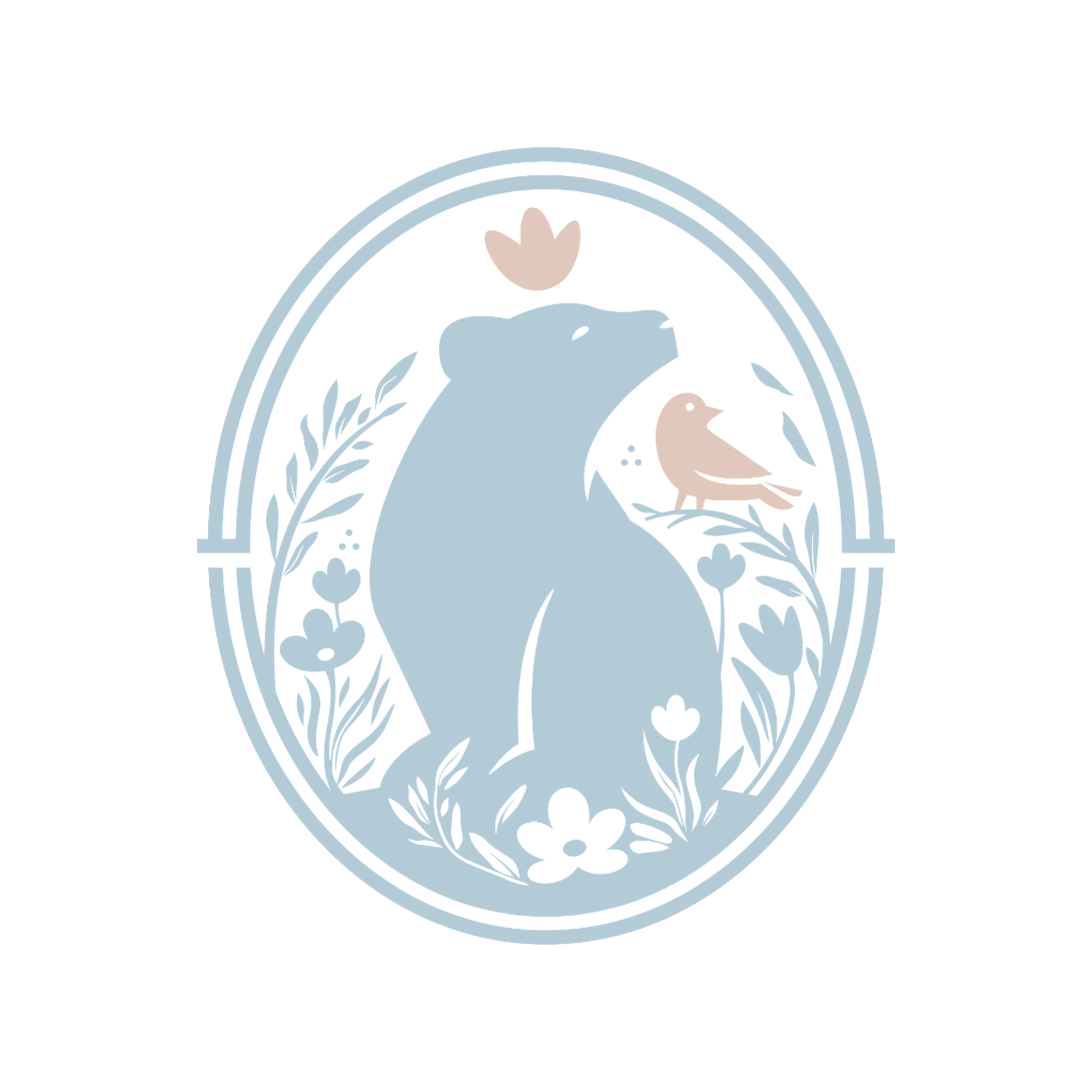 Decorative logo with a bear, bird, and floral elements on a light blue background