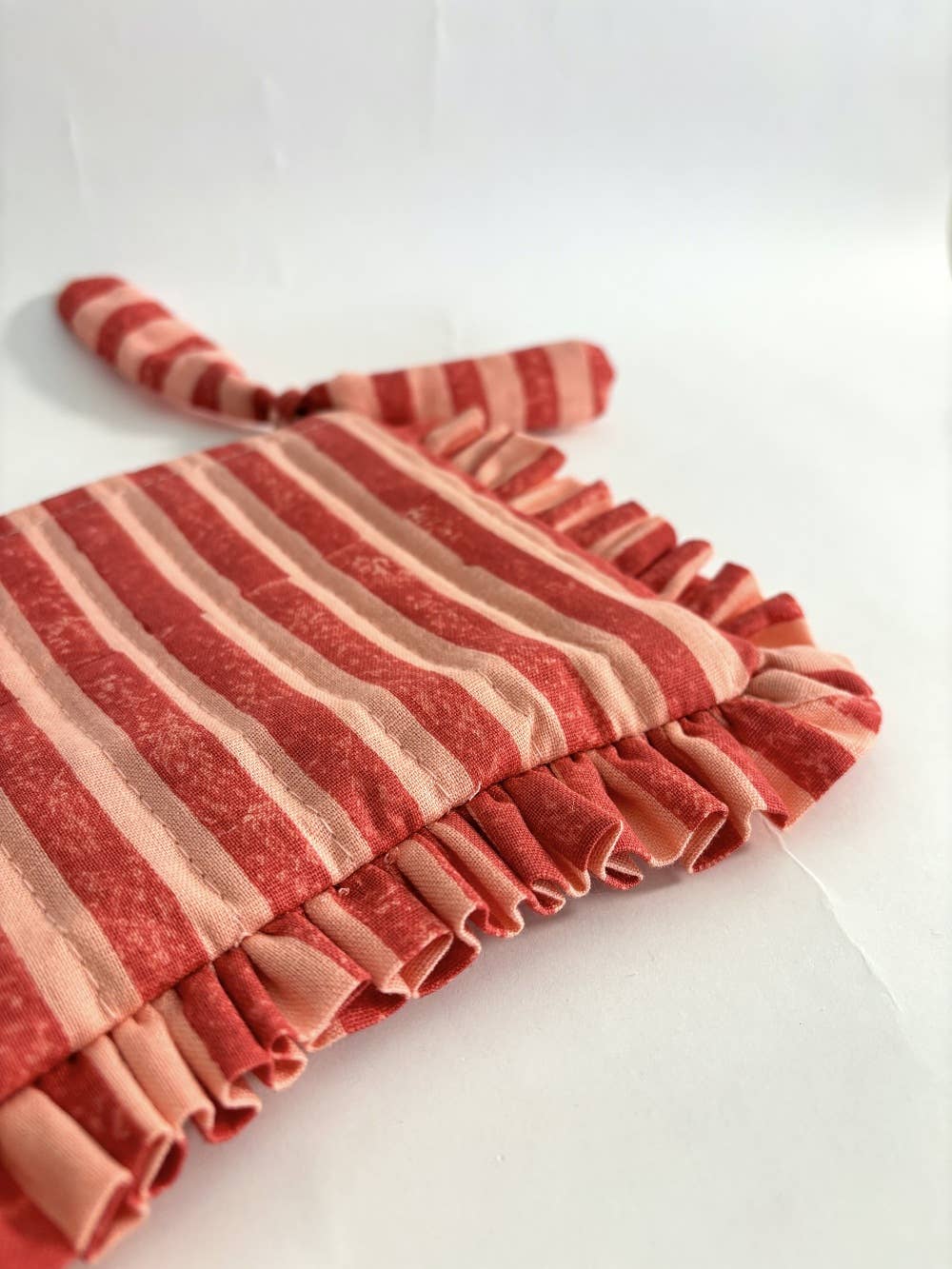 Handmade Pink And Red Striped Quilted Ruffle Pouch