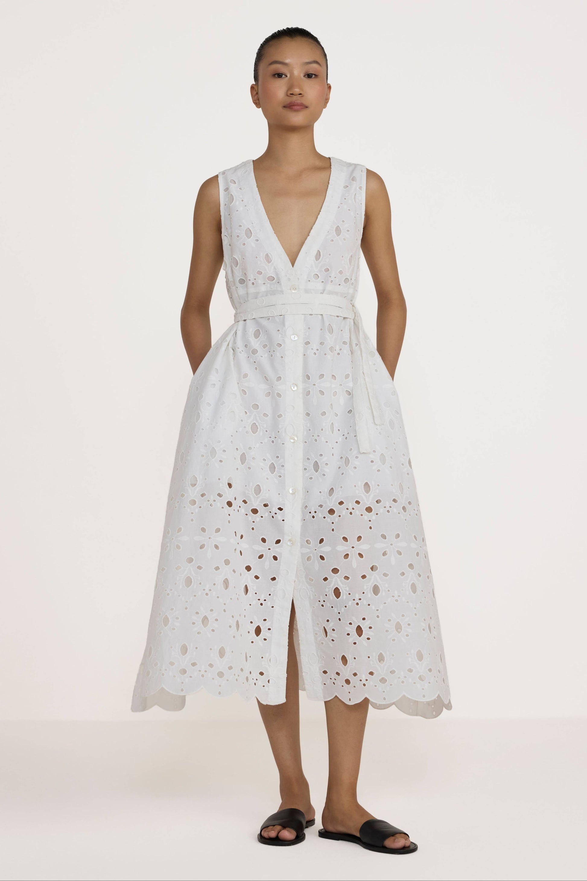 Broderie V Neck Midi Dress