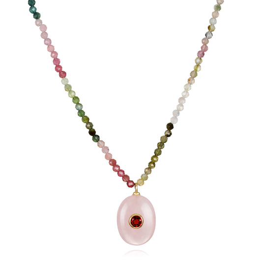 Tourmaline, Garnet & Rose Quartz Beaded Necklace