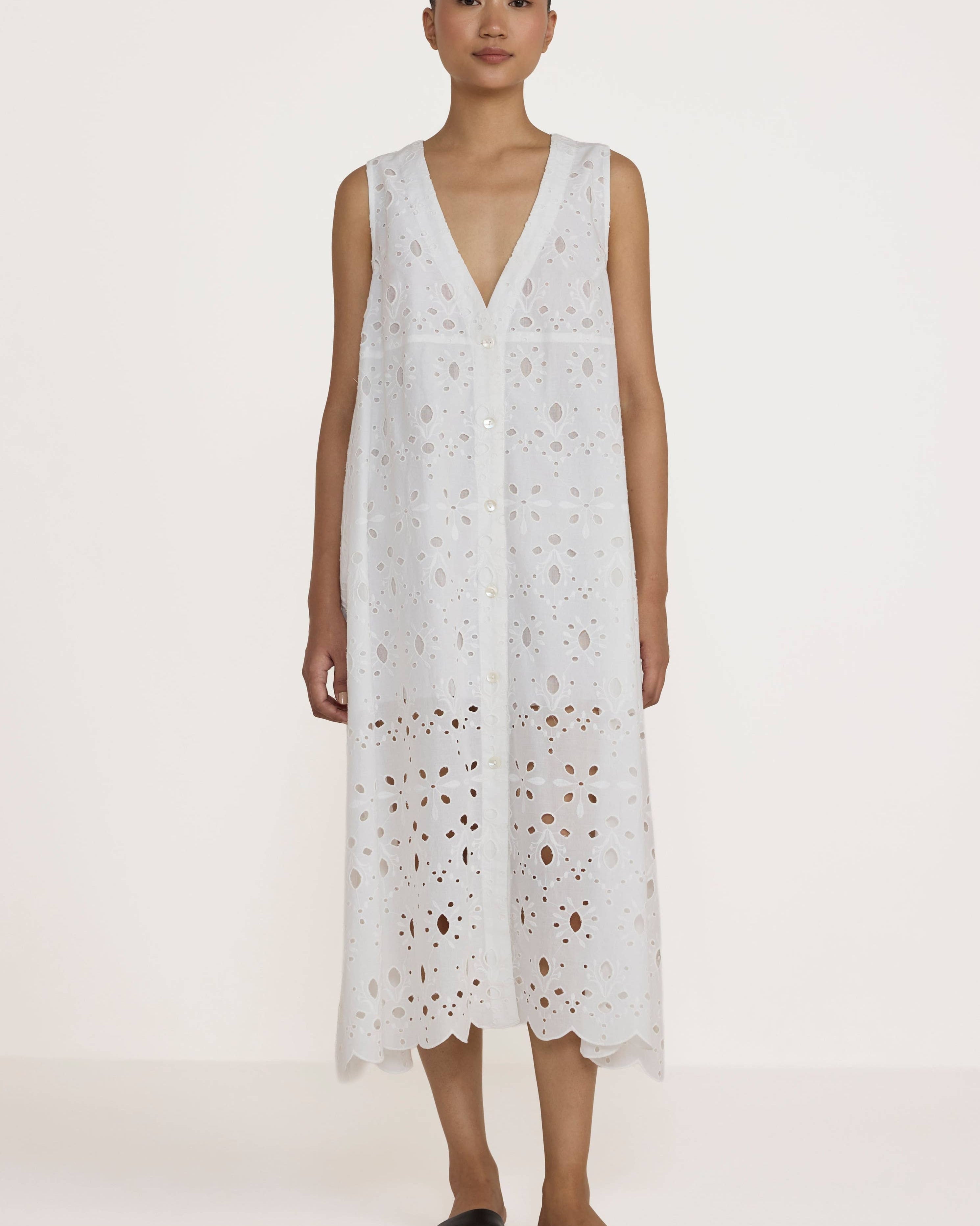 Broderie V Neck Midi Dress