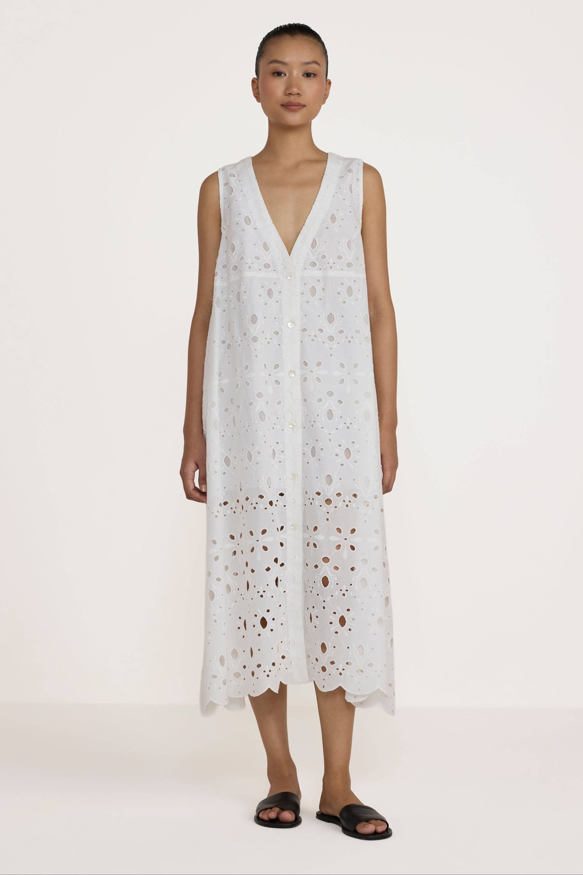 Broderie V Neck Midi Dress
