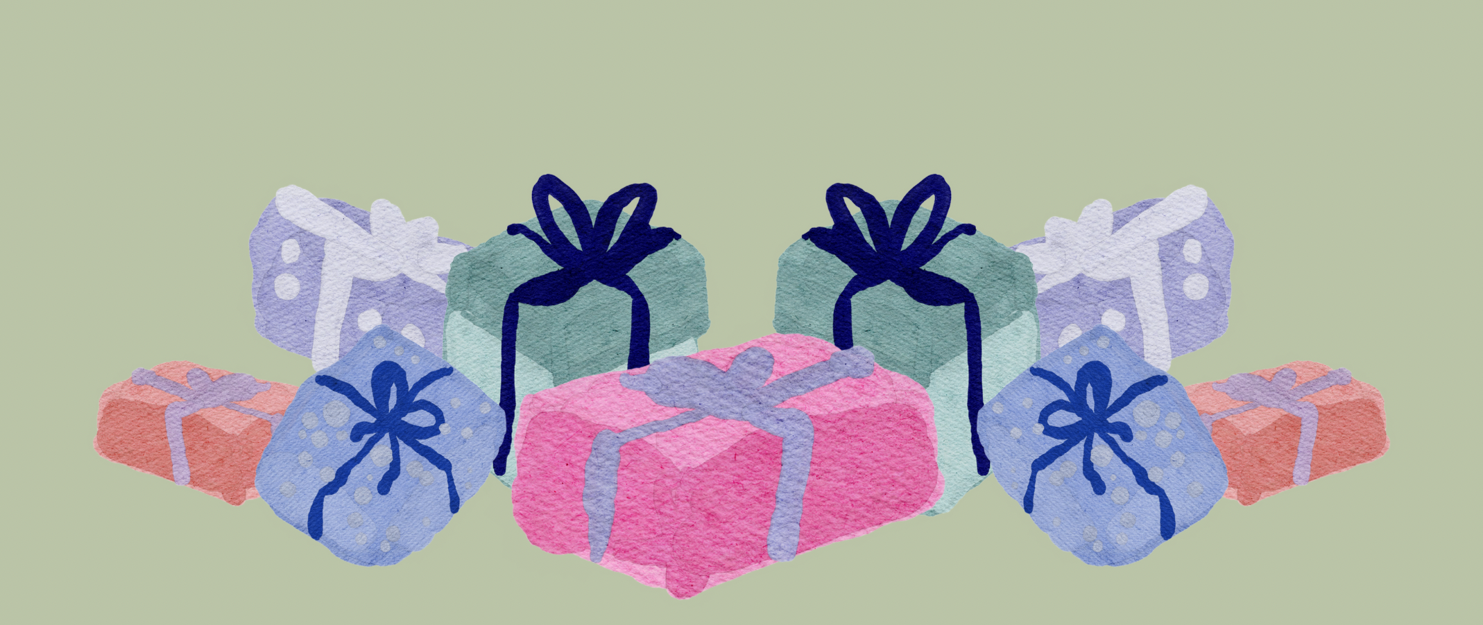 Colorful gift boxes with ribbons on a light green background